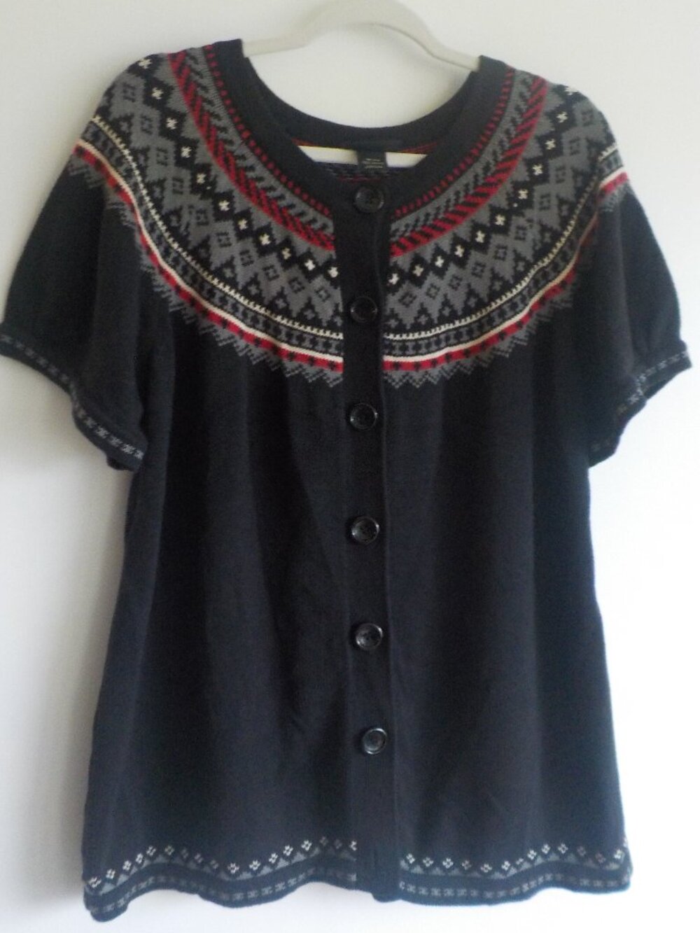 Lane Bryant Sweater Top - Size 18/20 -Black Fair Isle Short Sleeve Button (2297)